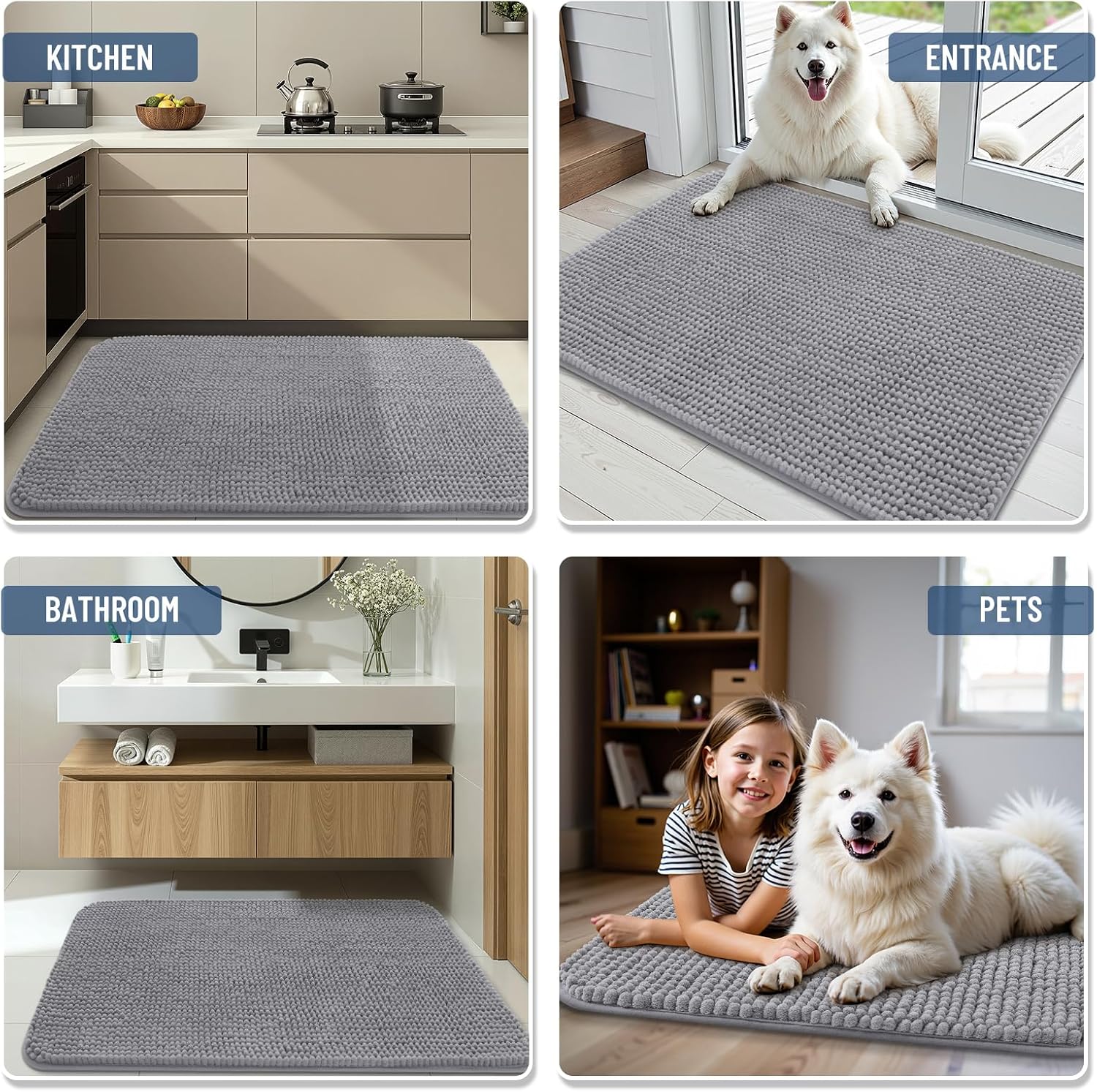 Bathroom Rugs 30 x 20, Ultra Soft Absorbent Chenille Bath Rugs, Non-Slip Rubber Backing, Machine Washable Bath Mats for Bathroom Floor, Tub and Shower, Home Decor Accessories, Grey